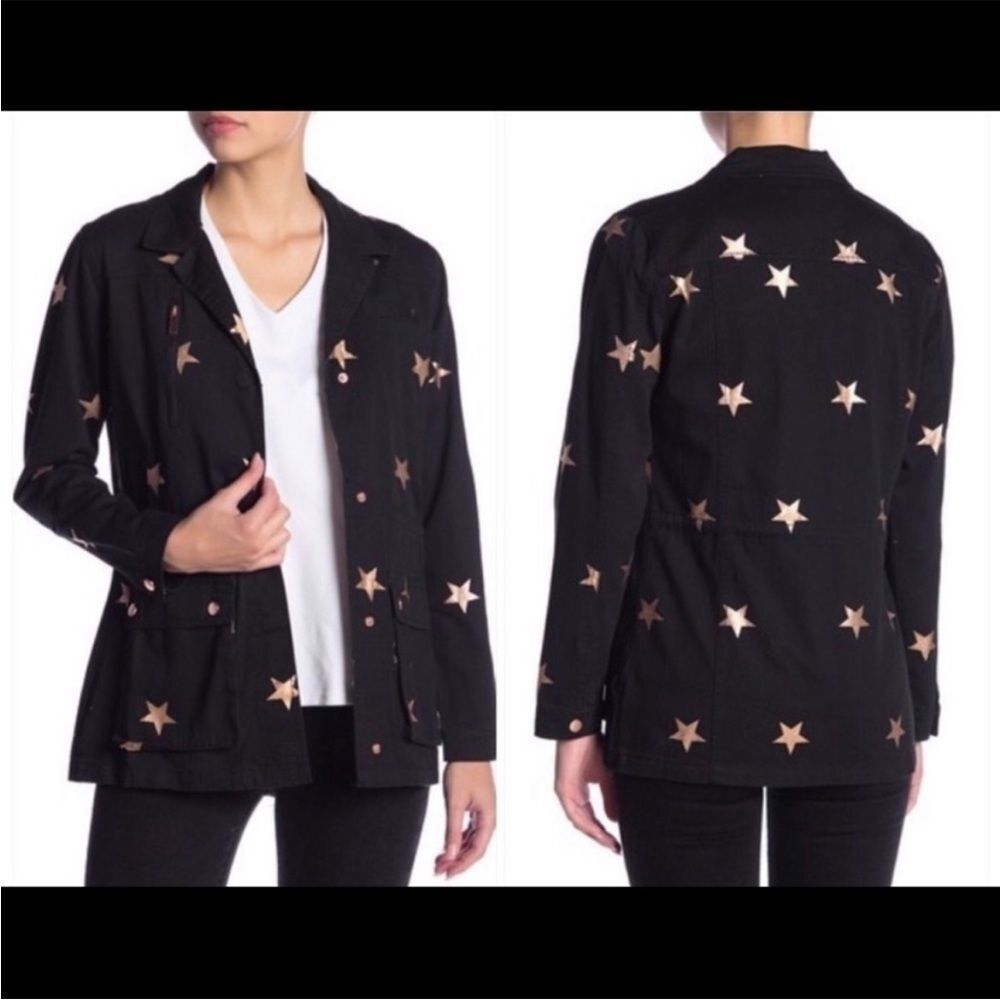 Romeo & Juliet Couture Black jacket with rose  gold stars.